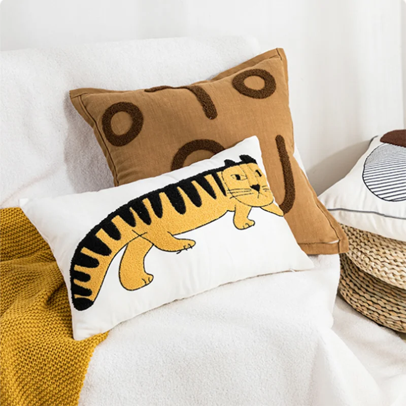 

Cartoon Tiger Embroidered Pillow Case Nordic Light Luxury Cushion Cover Decorative Cotton Canvas Living Room Pillow Case