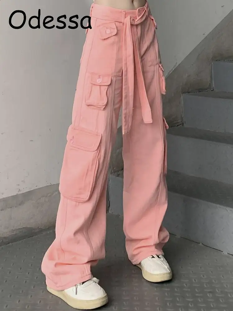 

Odessa Retro Pink Overalls Wide Leg Cargo Women Pants Fashion New Style Low Waist Loose Casual Trousers Vintage 2000S Streetwear