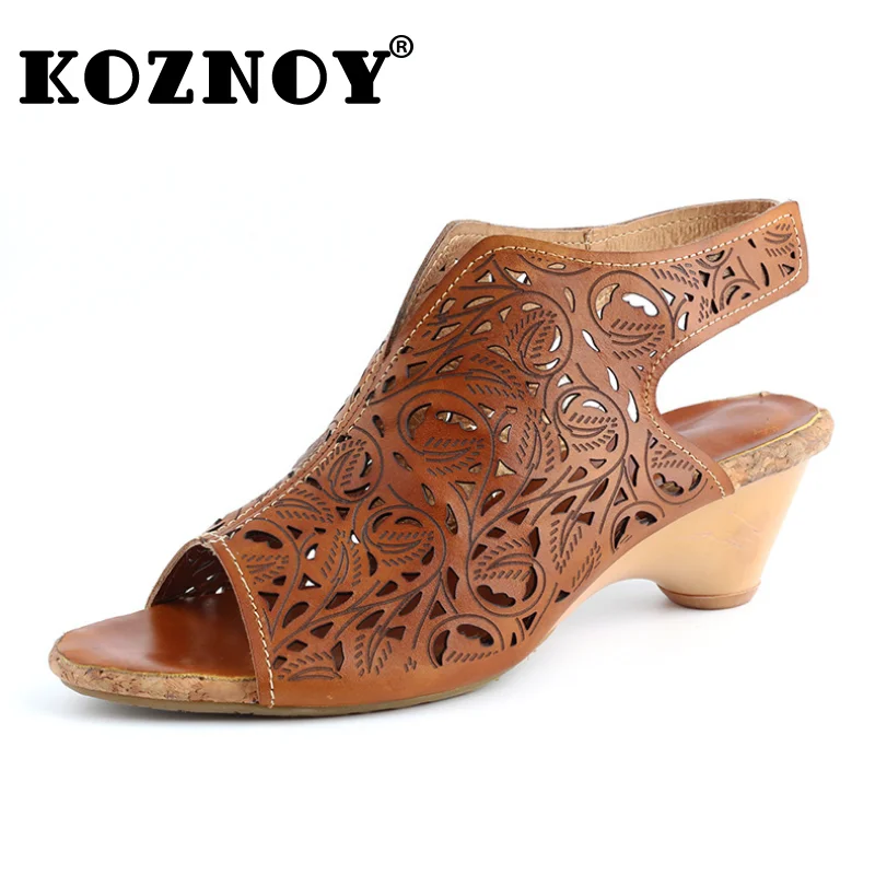 

Koznoy 4.5cm Ankle Mid Calf Boots Ethnic Chunky Heels Fashion Genuine Leather Summer Booties Woman Big Size Hook Peep Toe Shoes