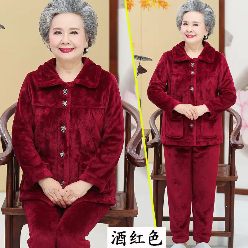 Elder Lady Women's Pajamas Flannel Loose Autumn Winter Coral Fleece  Middle-Aged Mother Grandma Fleece-Lined Homewear Suit