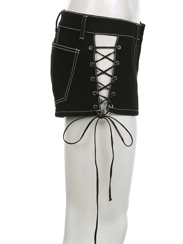 Rockmore Fashion Hot Sexy Low Waist Shorts Cross Lace-up Y2K Aesthetic Slim Mini Shorts Summer Chic Vintage Denim Bottoms 2023