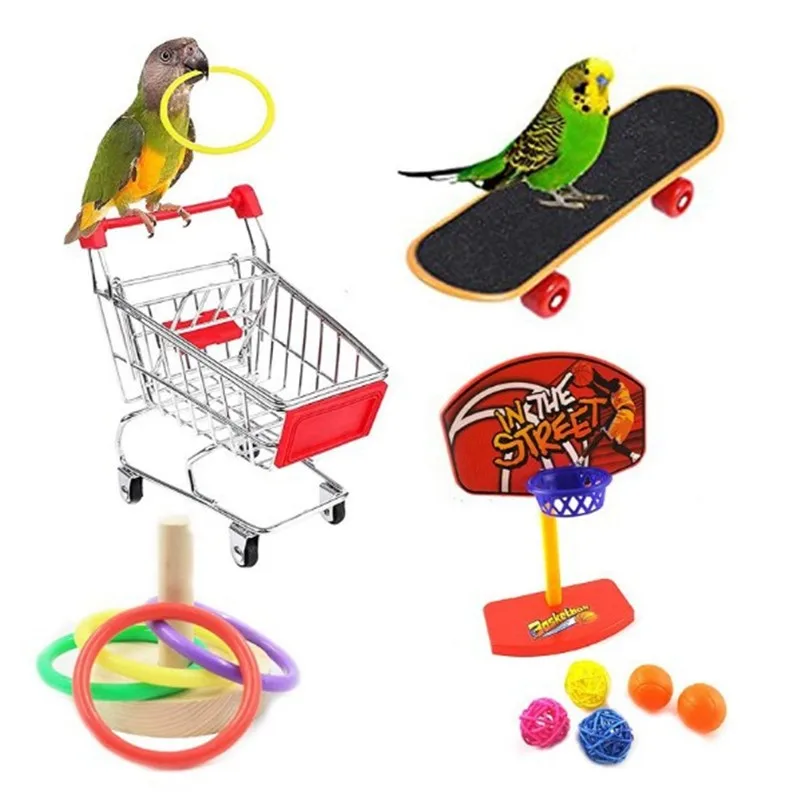 

Training Pet Bird Toy Set Interactive Parrot Equipment Set Funny Bird Activity Parrot Toy Bird Basketball Skateboard 4pc/set