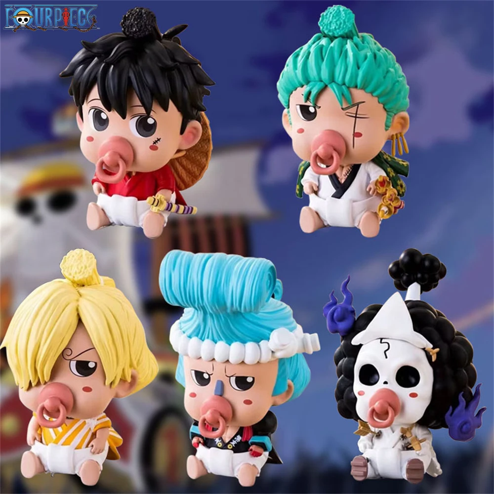 

10cm Anime Figure One Piece Luffy Zoro Sanji Franky Brook Baby Pacifier Figurine Cute Doll Kids Toys Collectible Pvc Model Decor
