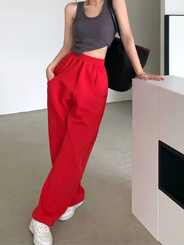 

POKIHA Loose Sweatpants 2023 Autumn Women Red Sport Pants High Waist Loose Trouser Female Fashion Streetwear Straight Pants