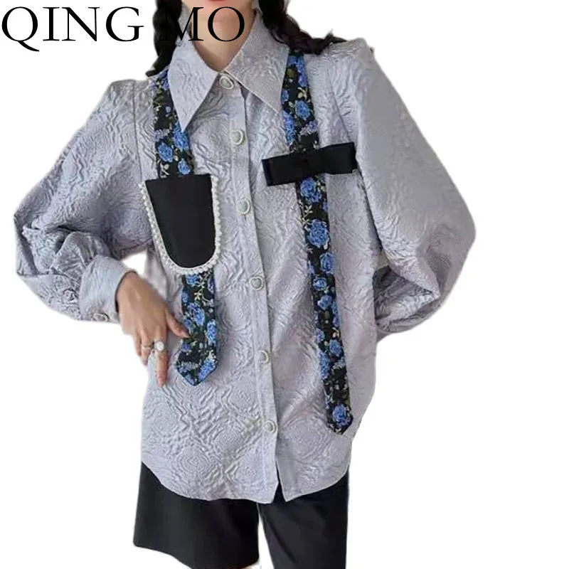

Женская рубашка с отложным воротником QING MO, свободная Тонкая блузка с длинными рукавами и карманами, модель ZWL2085 на весну, 2022