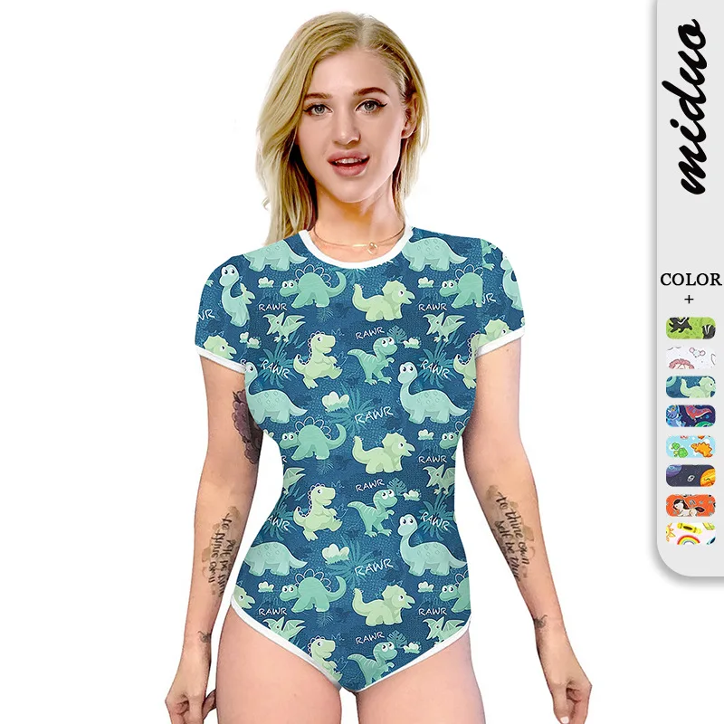 

Women One-piece Short Sleeve Crew Neck High Waist Casual Beach Fashion Digital Print Short Sleeve One-piece Briefs Tight Legging
