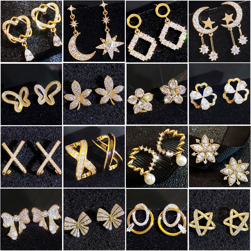 

S925 Gold Color Bling CZ Zircon Stud Earrings Ear Studs Hoop Drop Earring Women Jewelry Gift Wedding Party Engagement