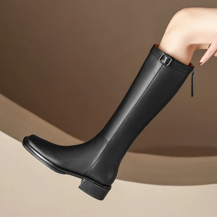 

Square Toe Black Real Leather Women Long Boots Vintage Brown Knee High Riding Botas Side Zipper Winter Lady Knight Botines Femme