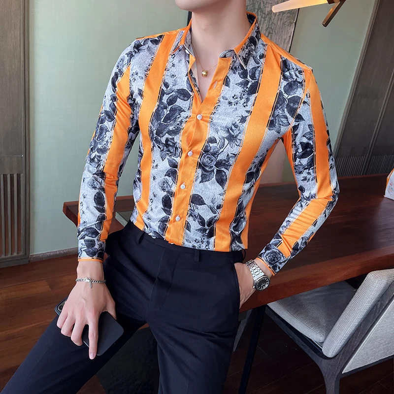 

2022Gold Black Korean Men Clothes Streetwear Fashion Print Men Casual Shirt Slim Men Shirt Dress Party Tuxedo Camiseta Masculina
