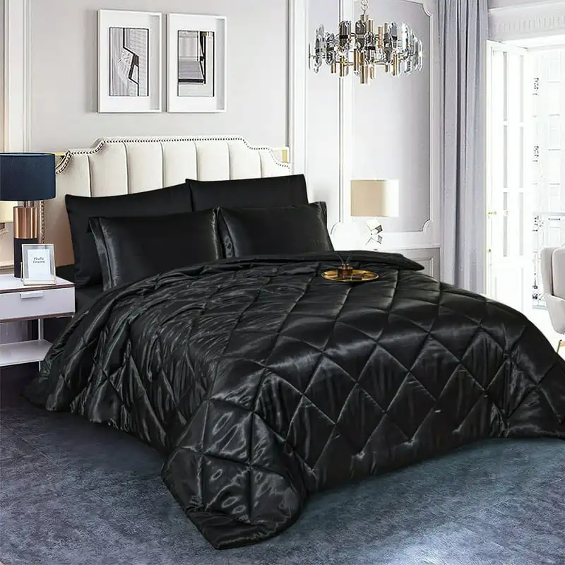 

8 Piece Silky Satin Bed in a Bag Comforter Set with Sheets, Queen, Black For Adults