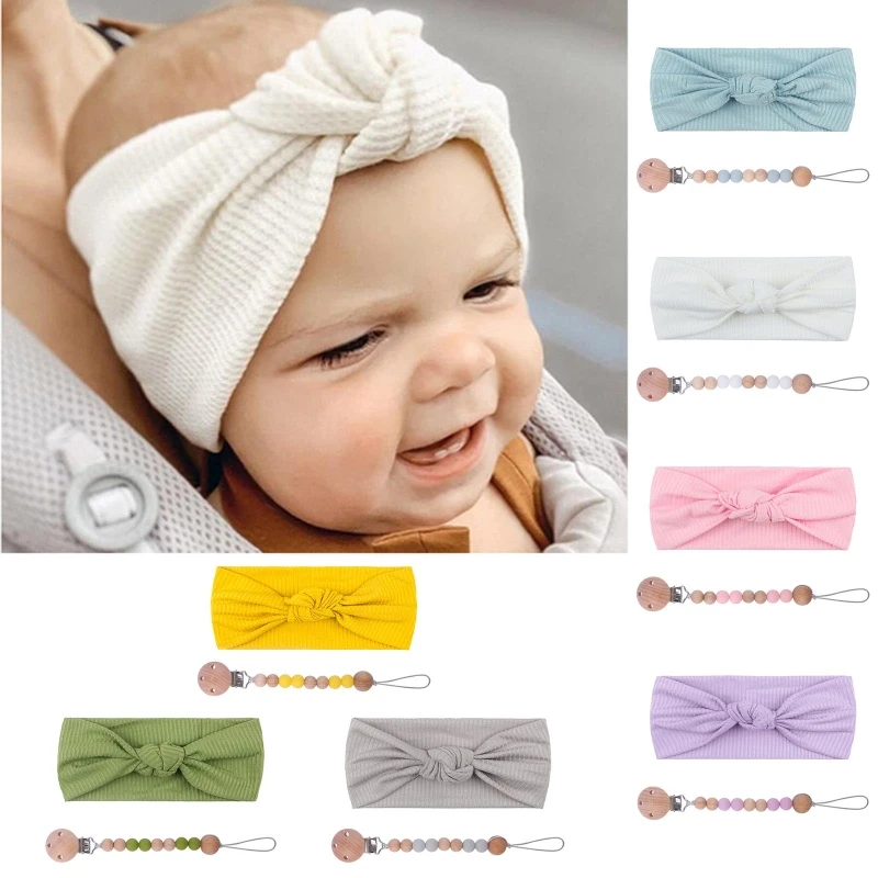 

2 Pcs Baby Pacifier Clip Chain Bowknot Hairband Set Silicone Beads BPA Free Dummy Soothie Nipple Teether Holder Headband