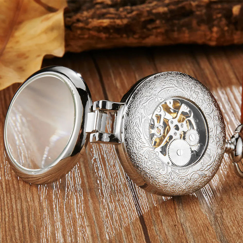 Luxury Golden Retro Mechanical Pocket Watch Men Women Pendant With FOB Chain Hollow Moon Steampunk Hand-wind Pocket Watches