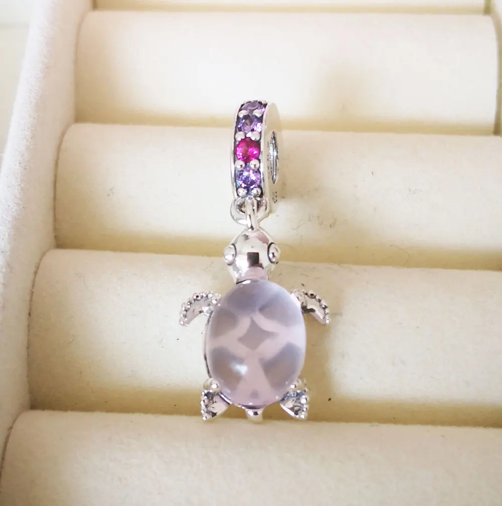 

925 Sterling Silver Murano Glass Pink Turtle Dangle Charm Bead Fits All European Pandora Jewelry Bracelets Necklaces