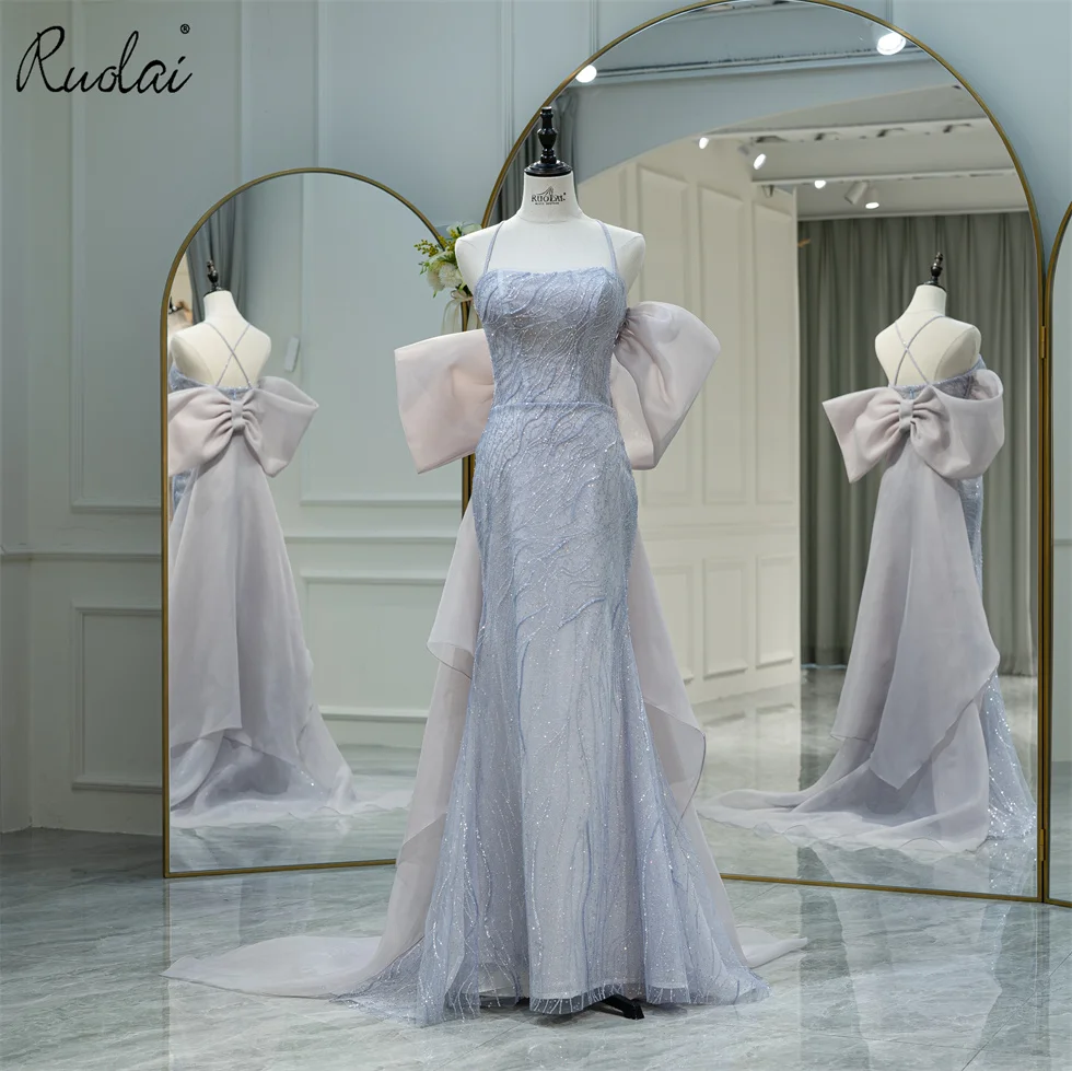 

Ruolai Spaghetti Strap Evening Dresses Mermaid Special Fabric Sequined with Bow on Back Party Gown for Women LWC6736