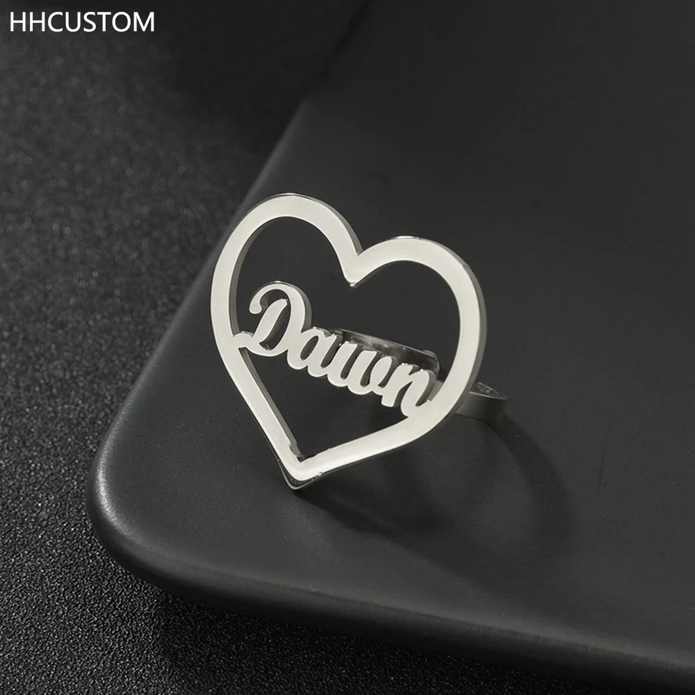 

JewelryR Personality Custom Heart Name Rings Stainless Steel Hollow Love Nameplate Open Adjustable Finger Ring For Women Jewelry