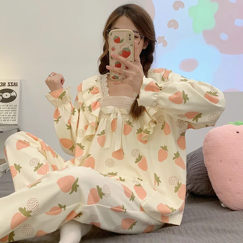 New women's pajamas women's lovely printing long cotton pajamas long sleeve shirt and sweet spring pajamas