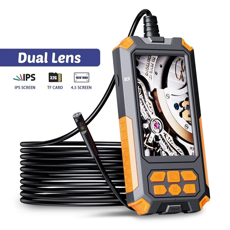 

P50 Dual Lens Industrial Endoscope 4.5 Inch IPS Screen HD 8MM/5.5MM Dual Camera 9 LED Lights IP68 Waterproof With 32G TF Card