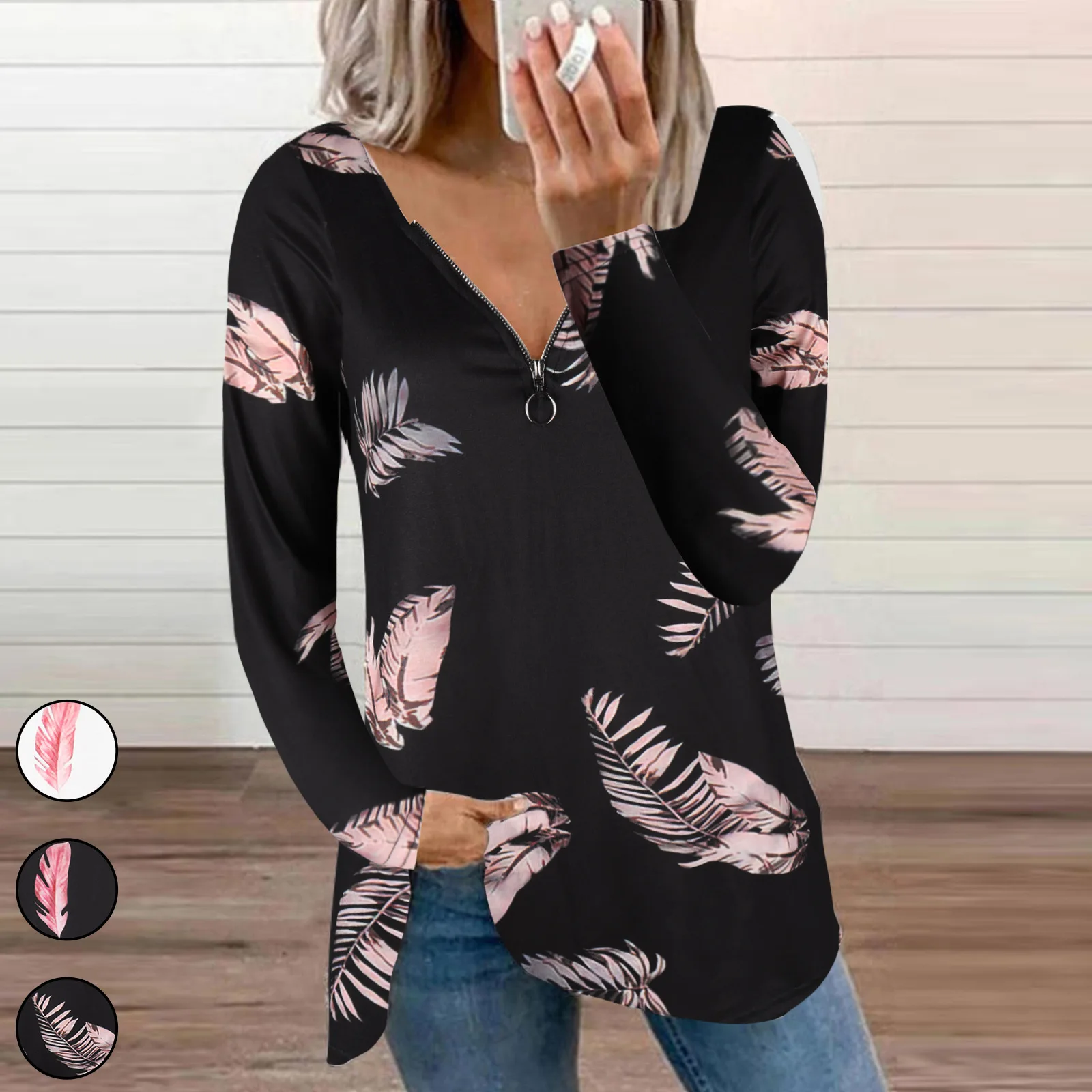 2022 Spring and Autumn New Women's Fashion Slim Zipper V-neck Long-sleeved Feather Top T-shirt