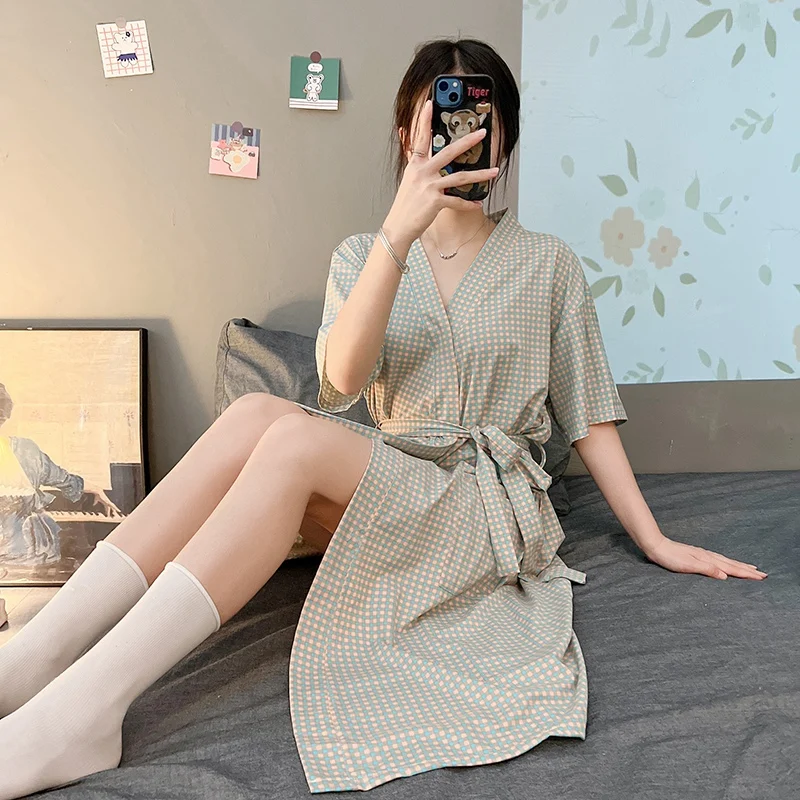 

2022 Summer Short Sleeve Print Kimono Robes for Women Loose Sleepwear Bathrobes Nightdress Bath Robe Homewear Night Dress Nighty