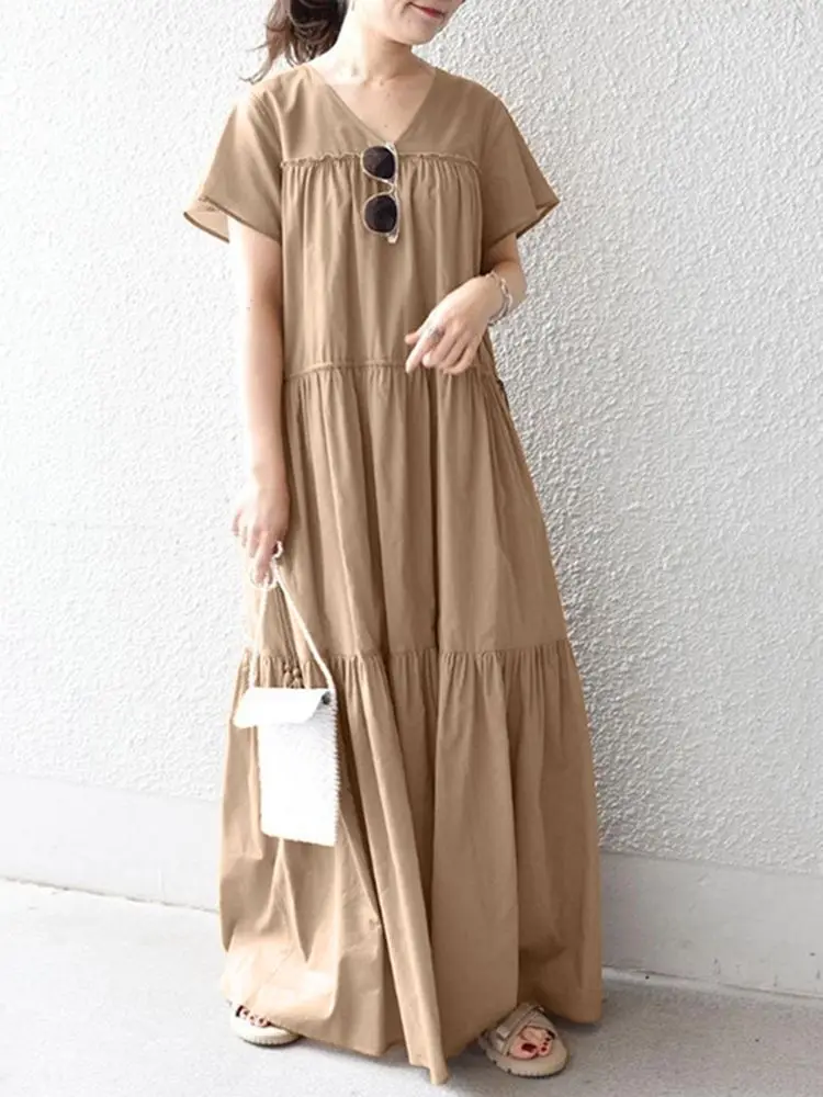 

Oversize Summer Maxi Dress Women Elegant V Neck Short Sleeve Casual Loose Sundress 2022 ZANZEA Fashion Ruffles Party Vestidos