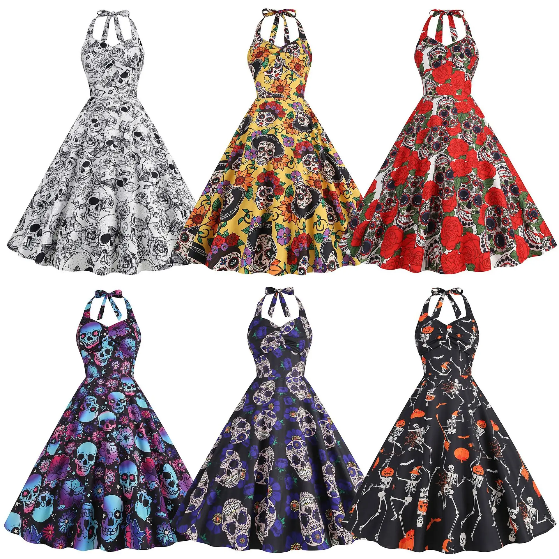 

SISHION Cheap Polyester 2023 2024 Party Halloween Dress VD4178 Sexy Halter Skull Rose Floral Printed Women Dresses