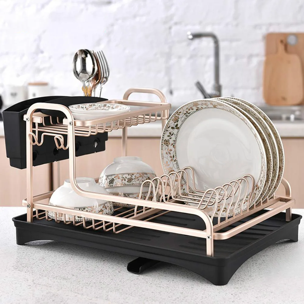 

Aluminium Alloy Dish Rack Kitchen Organizer Storage Drainer Drying Plate Shelf Sink Supplies Knife and Fork Container