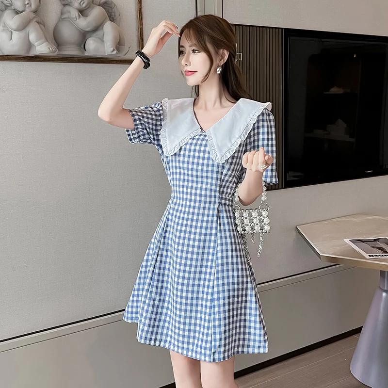 

Summer Vintage Plaid Dress Women Doll Collar Short Sleeve lace up Preppy Style Sweet Hepburn Oversize Fashion Dresses Vestidos