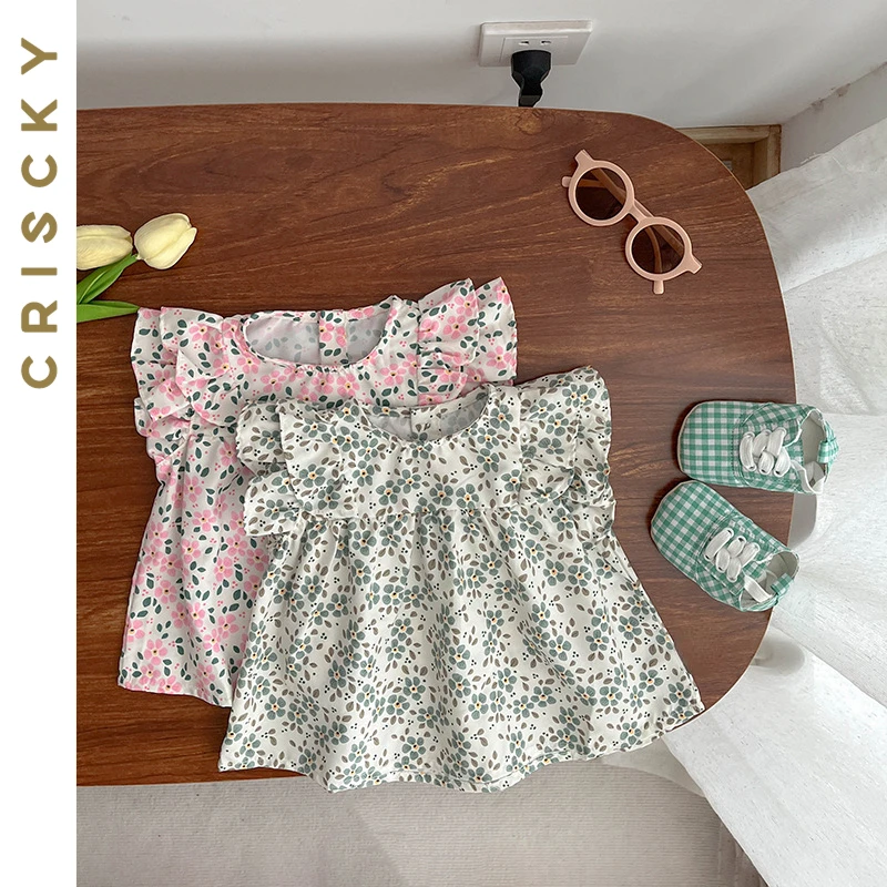 

Летние детские блузки для девочек, топы без рукавов с цветочным принтом для девочек, детская одежда в Корейском стиле, свободные рубашки для девочек