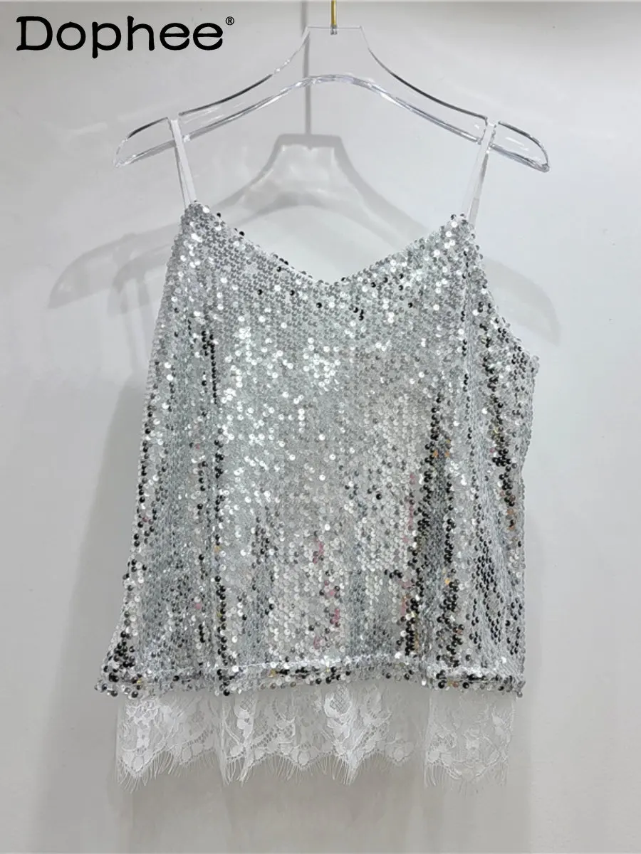 

Inner Outer Wear Bottoming Shirt Sexy Sequined V-neck Vest Top for Women Summer Nightclub Korean Loose Camisole Fashion Y2k Top