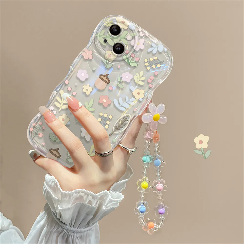 Cute 3D Flower Bracelet Wrist Chain Lanyard Clear Soft Phone Case for iphone 13 14 Pro Max 11 12 XR XS X 7 8 Plus 14 Back Cover