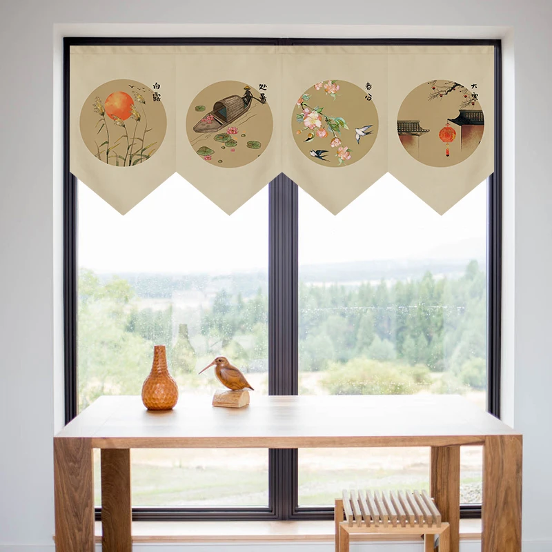 Chinese Style 24 Solar Terms Triangle Flag Curtain Bedroom Kitchen Living Room Short Curtain Tea Room Retro Decoration