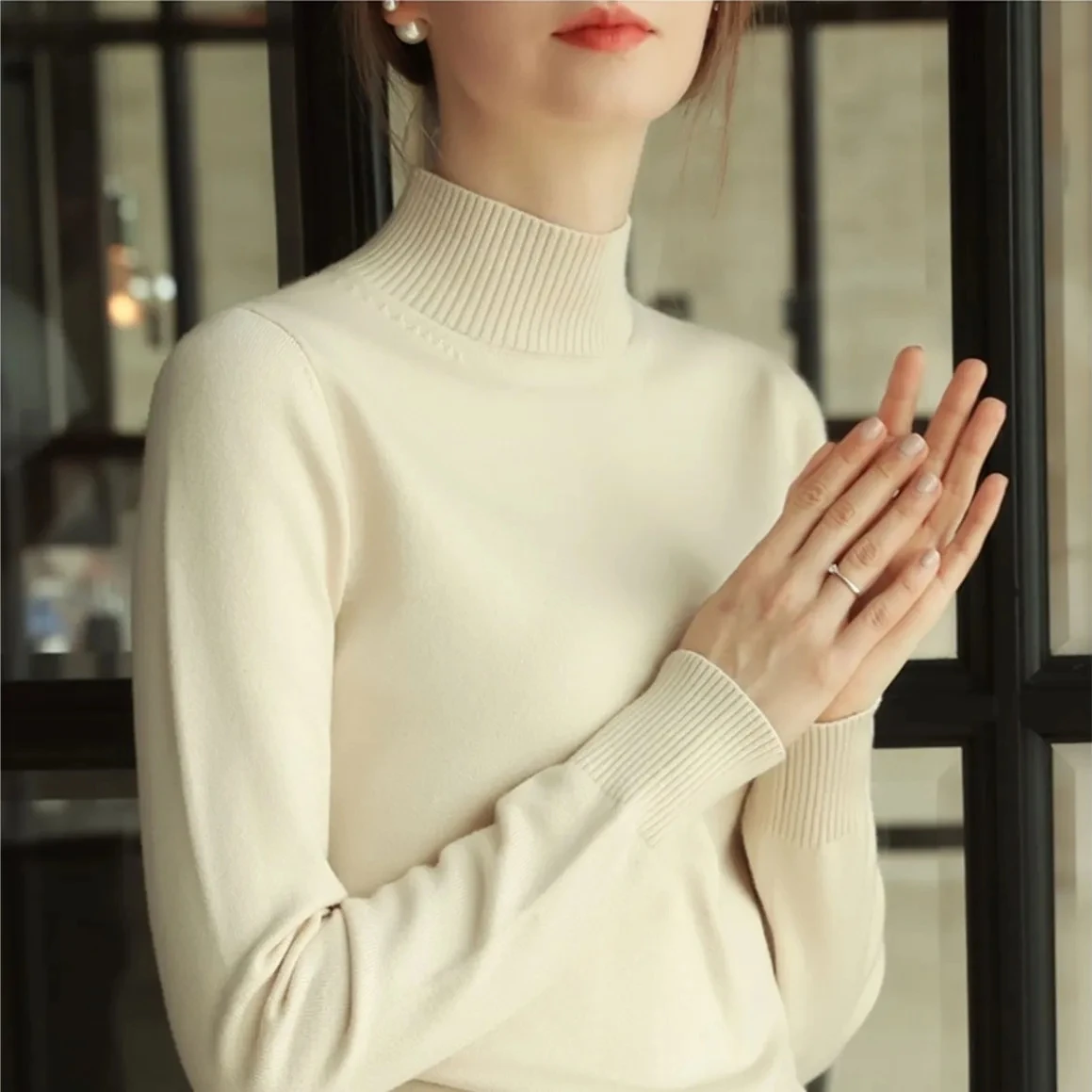 Свитер с воротником хомут на осень-зиму вязаные пуловеры женские повседневные