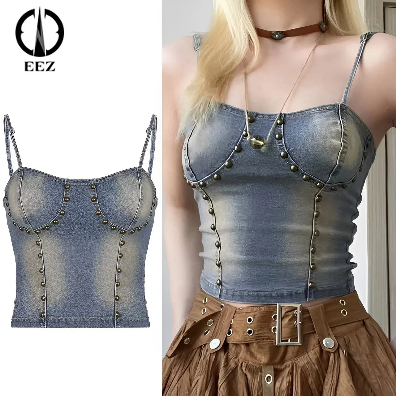 

[Укороченный топ с перекрестными лямками] Y2K с заклепками, винтажный мини-топ на шнуровке, женская кофта с открытой спиной, корейский шикарный Сказочный эстетический Топ