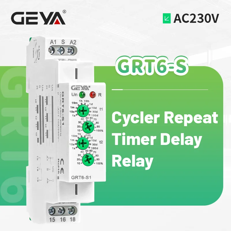 GEYA 10A Циклерное реле времени 2SPDT AC/DC24V-240V Реле задержки таймера циклона DIN-рейка Модульное асимметричное 0,1s-100 дней Регулируемое