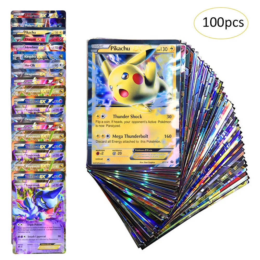 

100Pcs Not Repeat Pokemon English Shining Cards Anime Pikachu Charizard GX Vmax EX Mega Kids Battle Game Trading Collection Toys