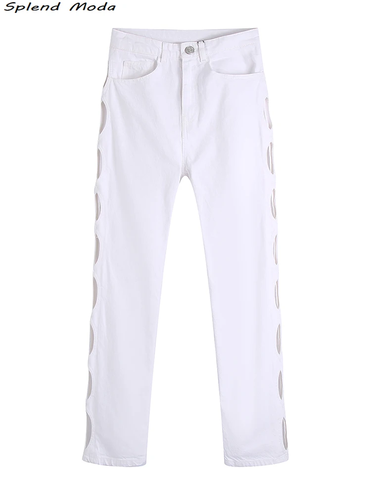 

2022 ZA New Fashion Streetwear Style Solid Straight Jeans Women Hollow Out Casual Side Pockets Ankle Trousers Female Long Pants