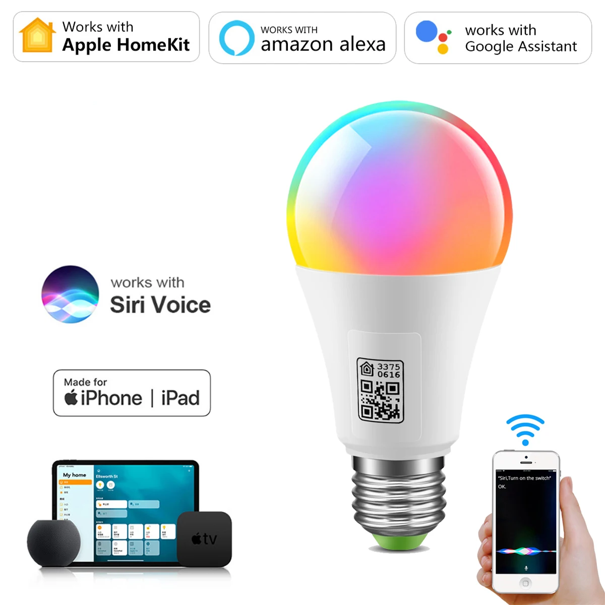 Умная Светодиодная лампа Homekit E27 с поддержкой Wi-Fi и функцией управления Siri
