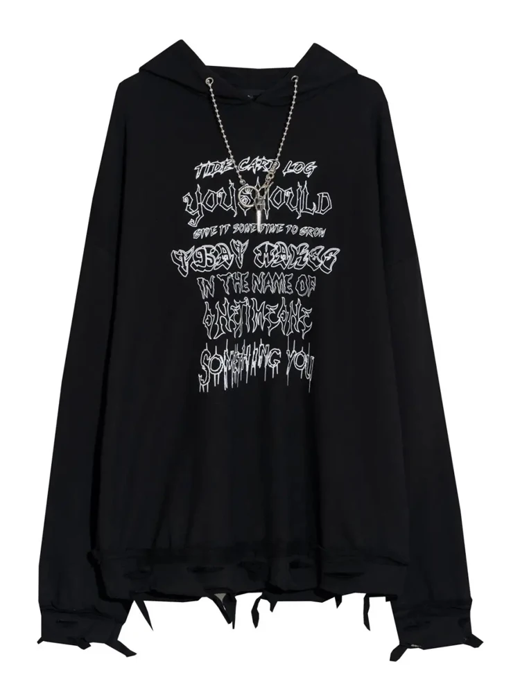 

HOUZHOU Gothic Grunge Oversize Hoodie Women Mall Goth Emo Black Hooded Sweatshirt Chain High Street Letter Print Pullover Tops