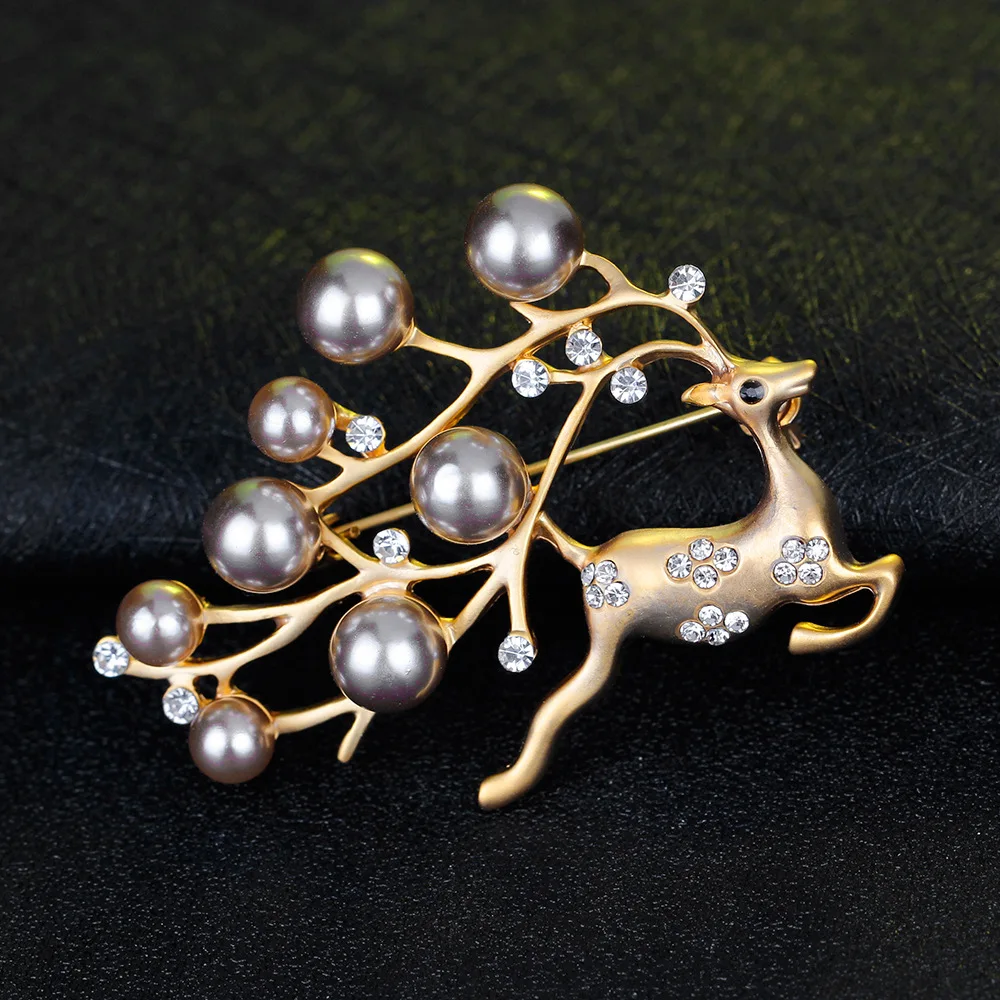 

SHMIK Elegant Women Pearl Deer Cute Brooches Pins Vintage Hollow Animal Metal Badges Corsage Party Banquet Christmas Pin Gift