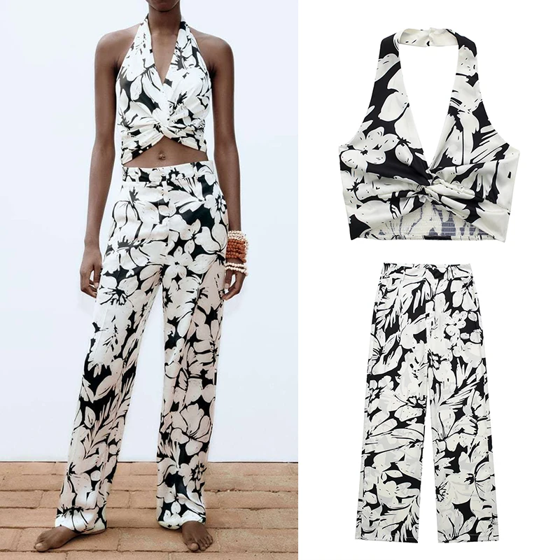 

Summer 2022 Women's Sets Print Cropped Sleeveless Halter Top With High Waist Wide Leg Pants LY9939