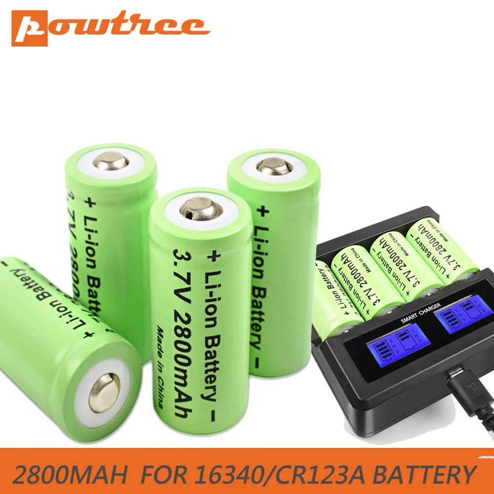 Powtree cr123a 16340 RCR 123 ICR  Battery 2800mAh 3.7V Li-ion Rechargeable Battery For Arlo Security Camera