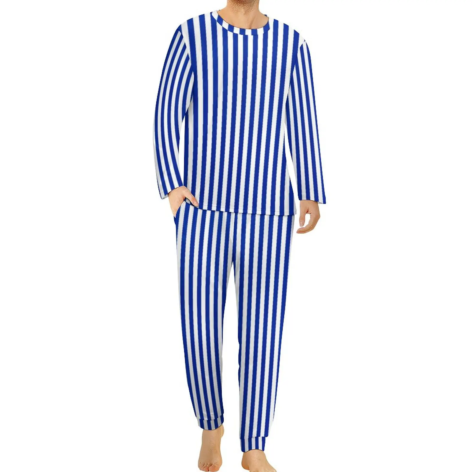 

Nautical Blue And White Pajamas Spring 2 Pieces Vertical Stripes Fashion Pajama Sets Long Sleeves Home Print Sleepwear Big Size