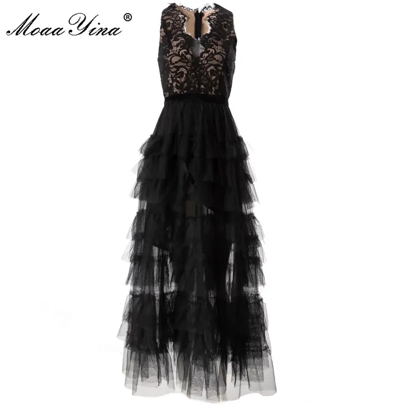 

MoaaYina, Модные Дизайнерские летние женские платья без рукавов с цветочной вышивкой и оборками, открытые сексуальные платья