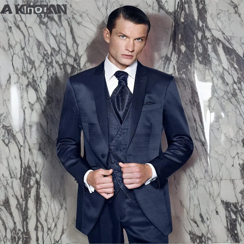 

Смокинг для жениха с пиковыми лацканами для свадьбы темно-синие деловые мужские костюмы приталенный Блейзер для лучшего человека 3 шт. (пиджак + брюки + жилет)
