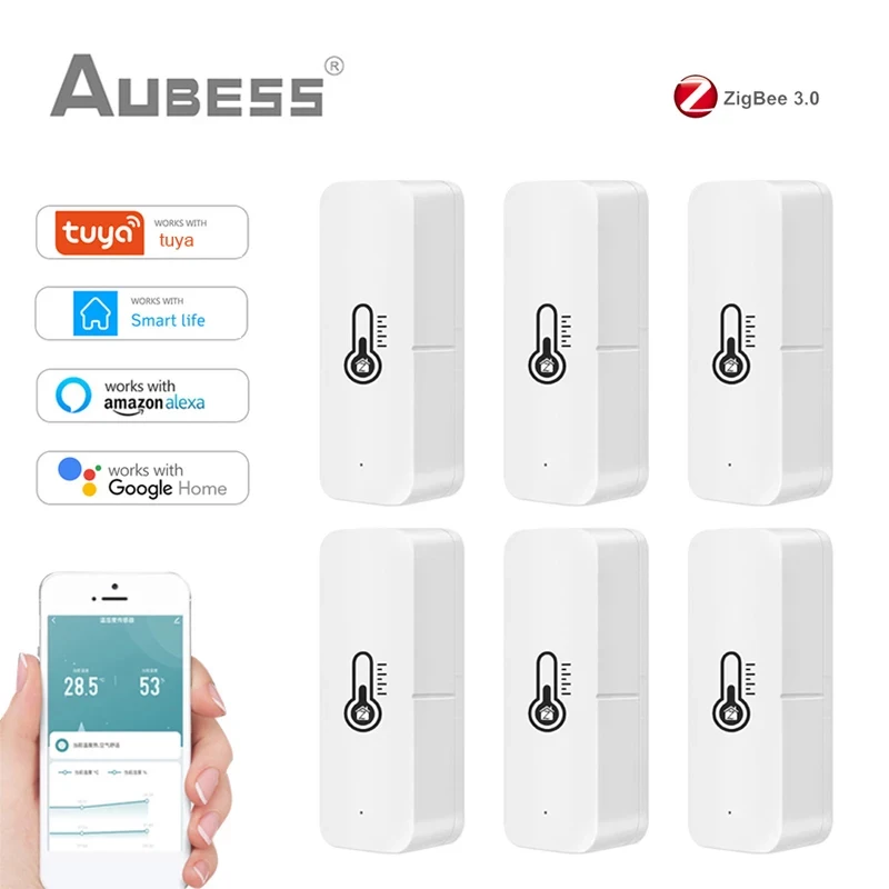 

Aubess 1/4 шт. беспроводной датчик температуры и влажности Tuya Zigbee3.0 для умного дома детектор безопасности работает с Alexa Google Home