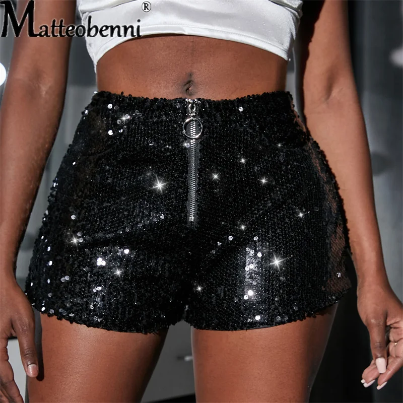 

Fashion Silver Black Sequin Casual Versatile Shorts Women Zipper Straight High Waist Hot Three Quarter Pants Streetwear Clubwear
