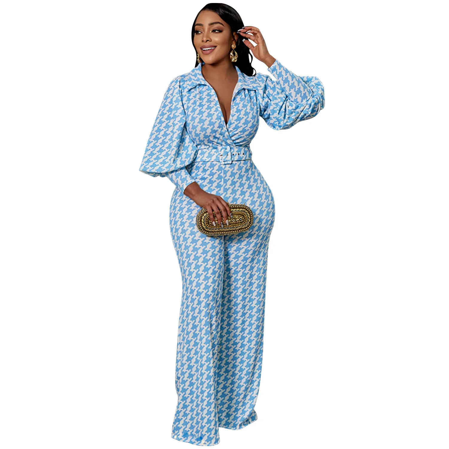 

Zoctuo Sets Two Pieces Elegant Houndstooth Print Women Set Club Street Patchwork V Neck Crop TopS And Pants Matching Set Outfits