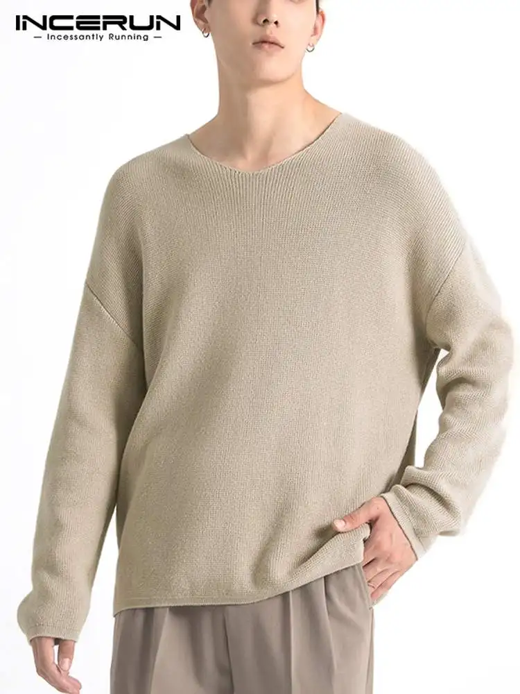 

INCERUN Solid Color Men T Shirt V Neck Long Sleeve Korean Casual Basic Tee Tops Streetwear Cozy Fashion Leisure Camisetas 2022