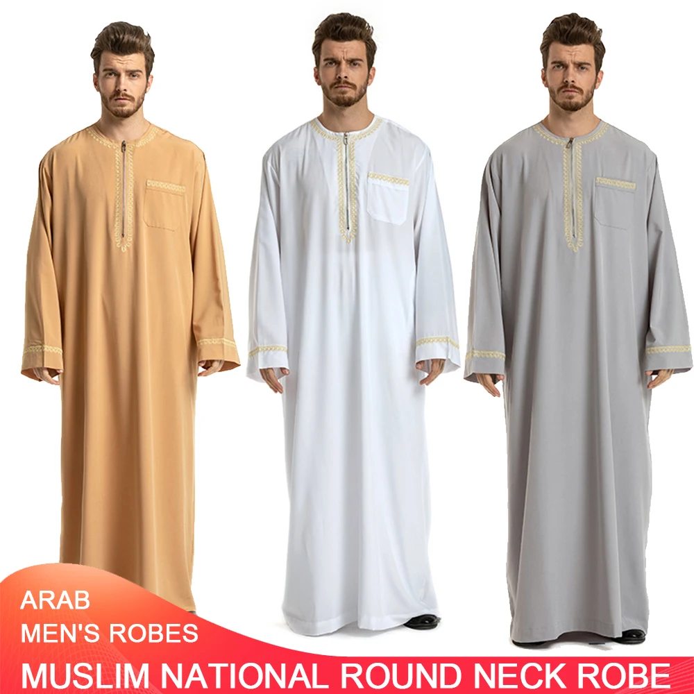 Muslim Men Long Sleeve Solid Color Breathable Robes 2022 Islamic Arabic Men Abaya S-4XL Muslim Ethnic Loose Embroidered Round