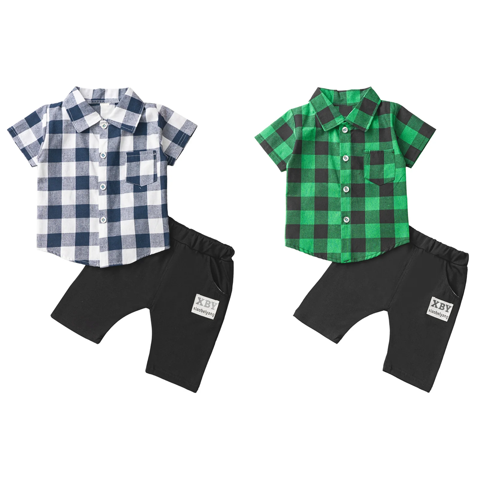 Baby Boys Casual Clothes Set Short Sleeve Turndown Collar Grid Print Button Closure Top with Elastic Waistband Shorts